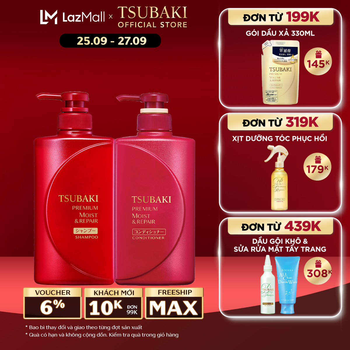 BỘ ĐÔI Dầu Gội Xả Dưỡng Tóc Bóng Mượt Tsubaki Premium Moist 490ml/chai