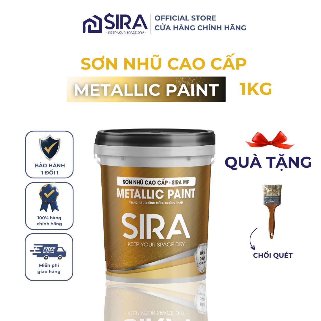 Sơn nhũ đồng, nhũ bạc, nhũ vàng ánh kim metallic paint sira trọng lượng 1kg - sơn trang trí hệ nước an toàn sáng mịn