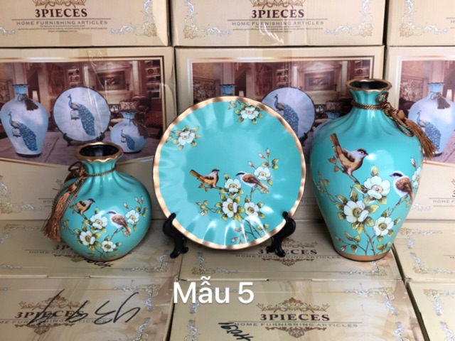 Bộ 3 đĩa bình gốm sứ hút lộc decor siêu xinh