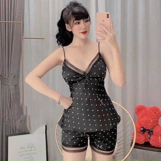 [Hàng Cao Cấp] Bộ Đồ Ngủ Hai Dây Lụa Phối Ren Mút Mỏng Chấm Bi Sexy Tôn Da DN04