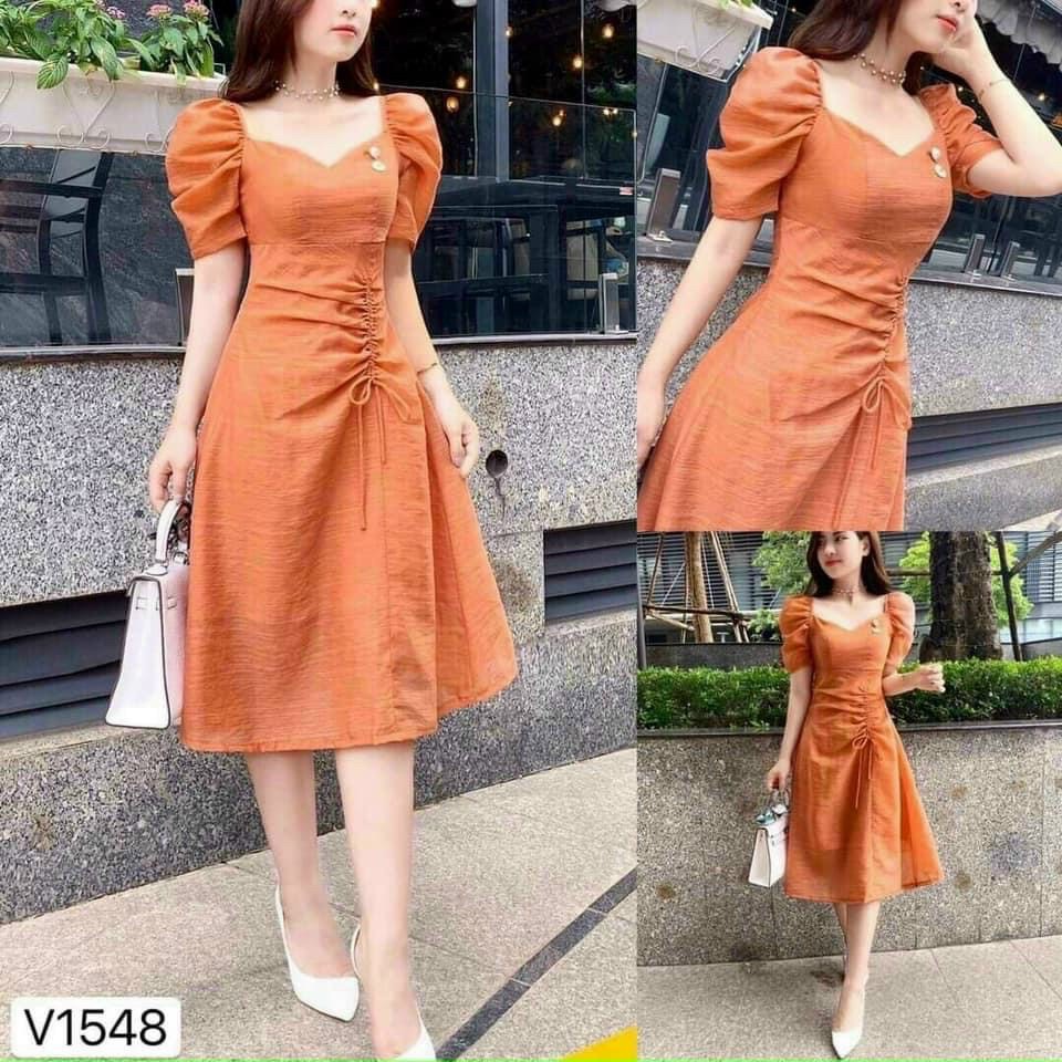 Đầm lụa satin rút dây ngực tay bồng có mút ld22