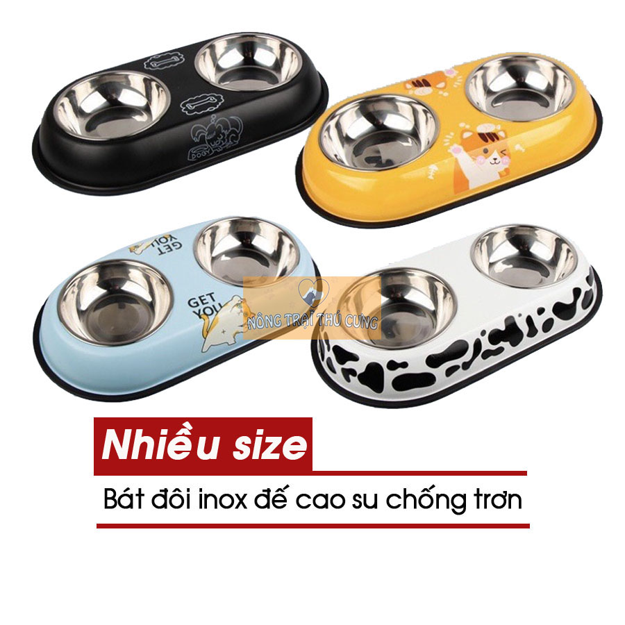 Bát ăn đôi inox cho chó mèo chống trượt cực tốt - giao màu ngẫu nhiên -