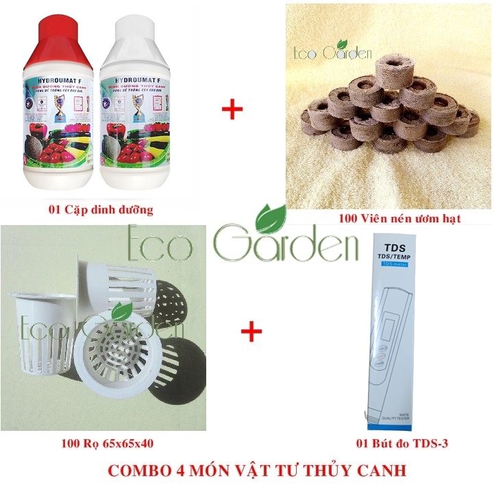Bộ 4 món vật tư thủy canh (viên nén ươm hạt + rọ thủy canh + dung dịch thủy canh ...)