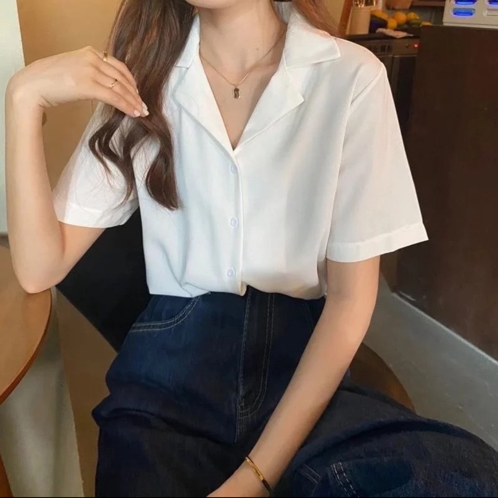 Áo sơ mi nữ form rộng cổ vest tay ngắn nhiều màu sắc, vải Lụa mềm mịn mát, Không nhăn 40-90kg VRN02