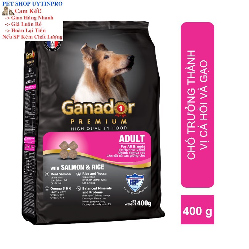 [Hoàn tiền 10%]  THỨC ĂN CHO CHÓ Ganador Adult dạng Hạt Vị Cá Hồi và Gạo Túi 400g Thương Hiệu Từ Pháp - Pet shop Uytinpro