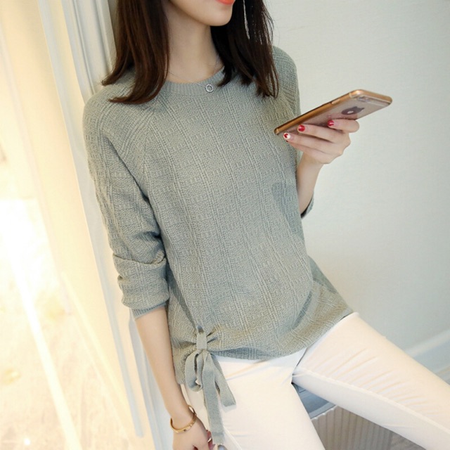 MS012 Áo len cổ tròn thắt nơ