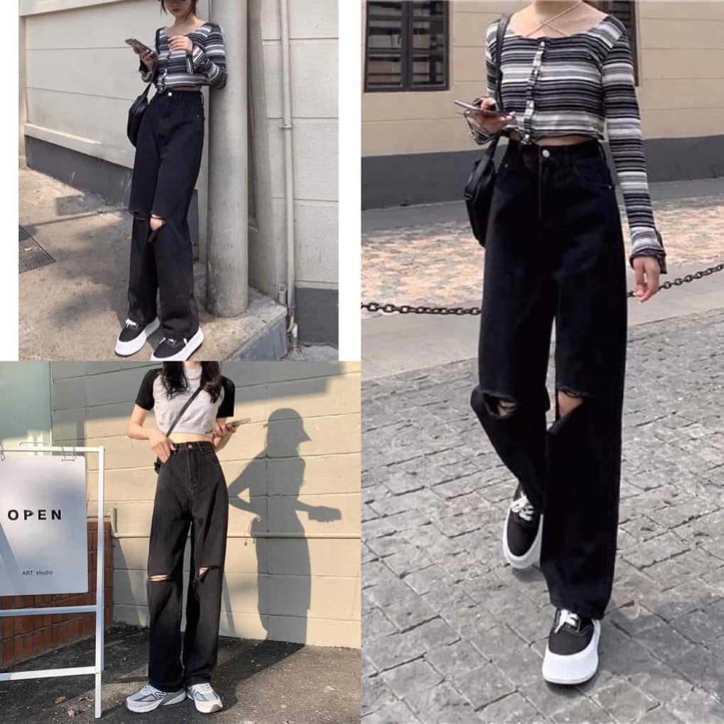 Quần jean ống rộng rách lưng cao màu đen, quần jean rách thời trang hàn quốc, AMELIA, Quần jean nữ, quần ống rộng dáng dài, quần ống rộng đen rách gối, quần ống rộng đen, quần bò rách, quần ống rộng ulzzang