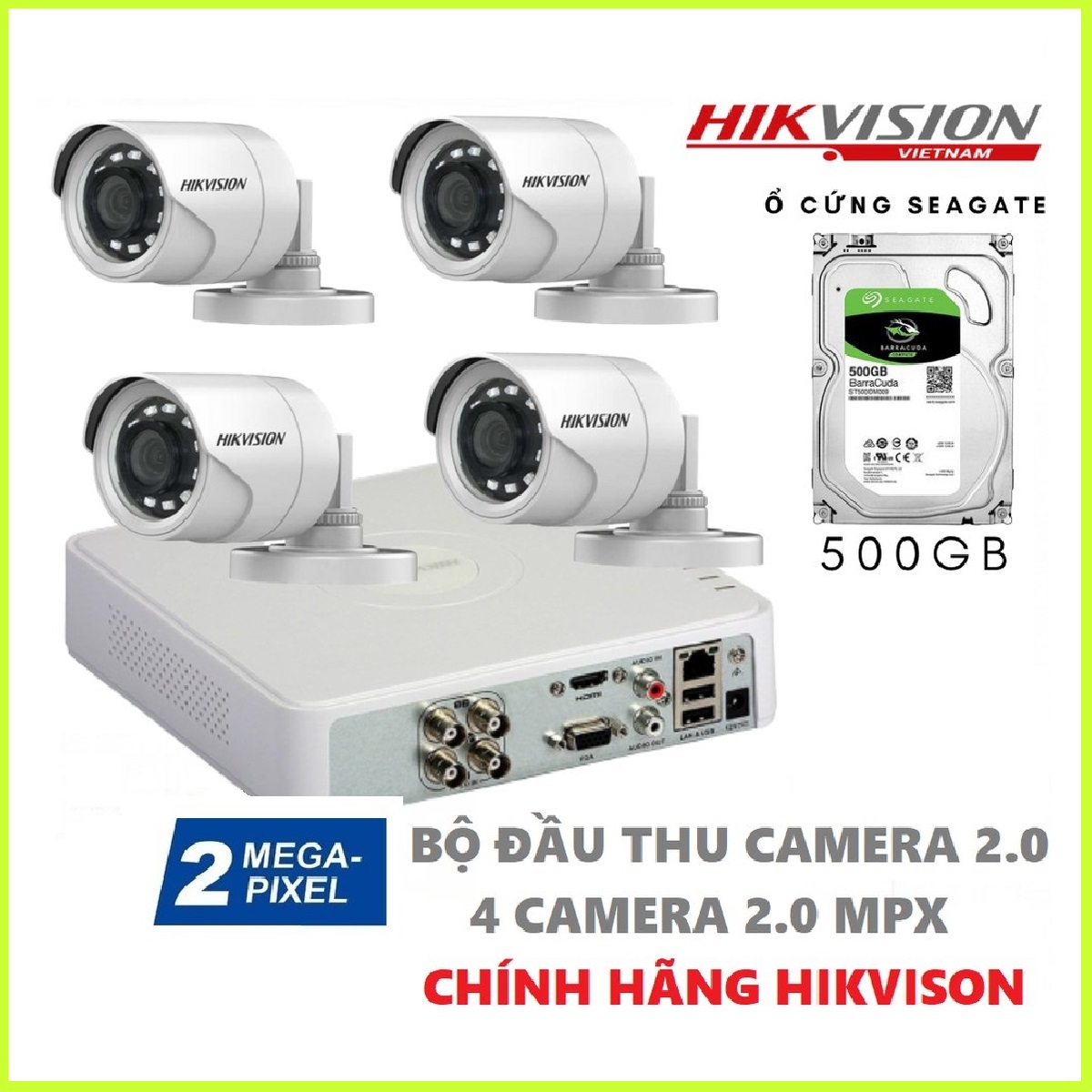 Bộ 4 Camera Hikvision 2.0MPX- Full HD 1080P kèm HDD 500G Seagate - Bảo Hành Chính Hãng 24 Tháng