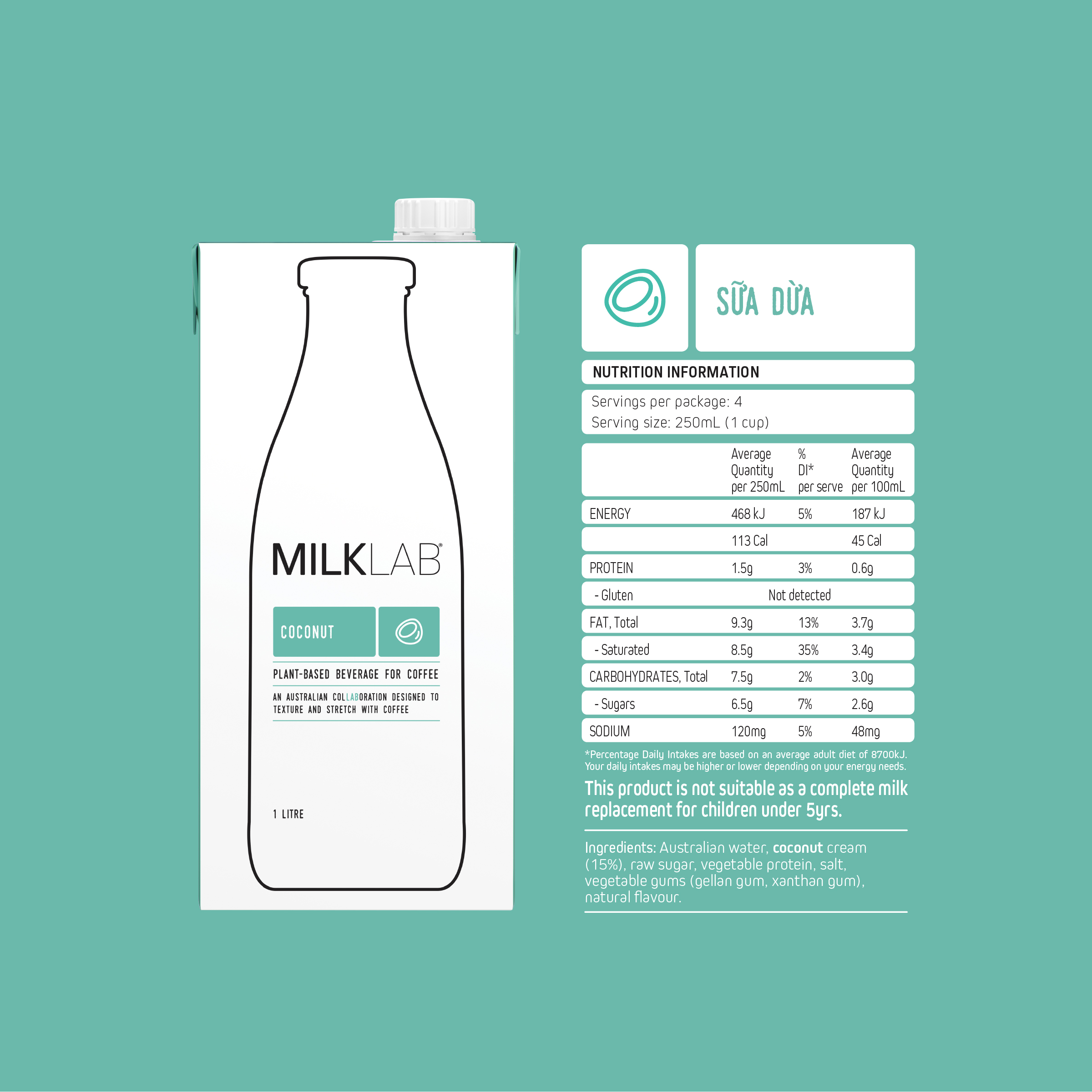 Sữa dừa cao cấp ít đường MilkLab  hộp 1 lít