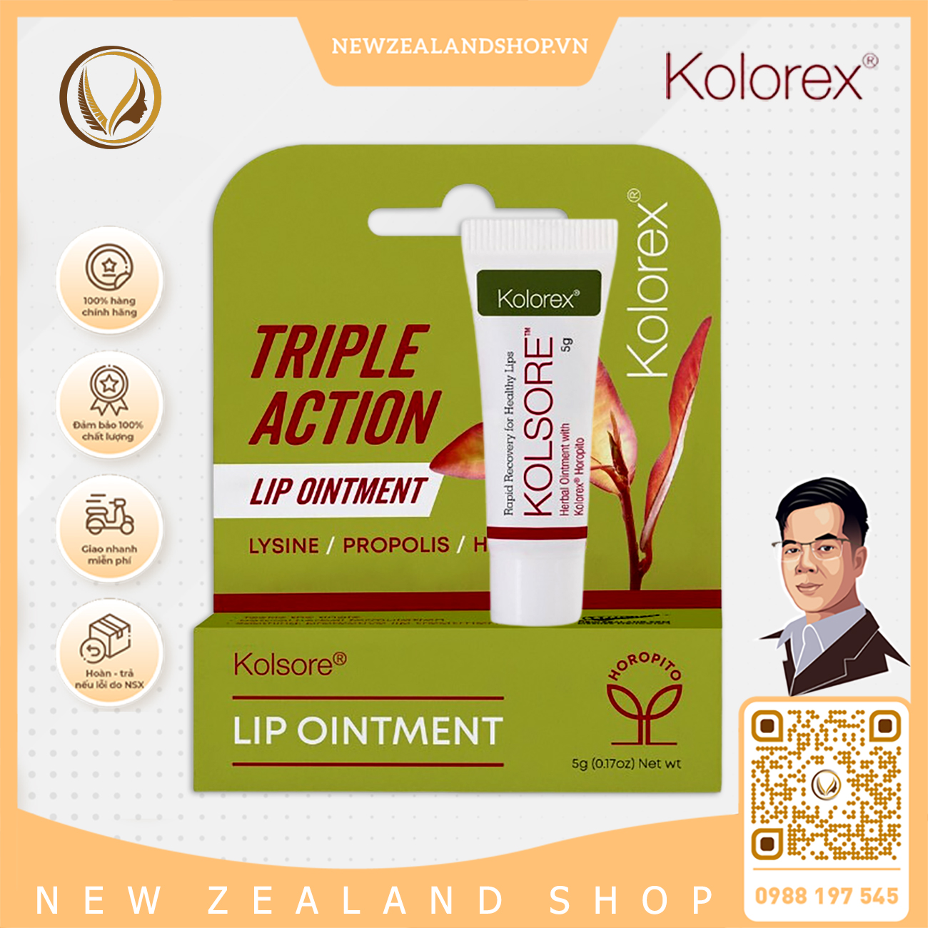 Kem hỗ trợ giảm chàm môi, loét môi, herpes môi Kolorex Kolsore Lip Care Ointment 3g