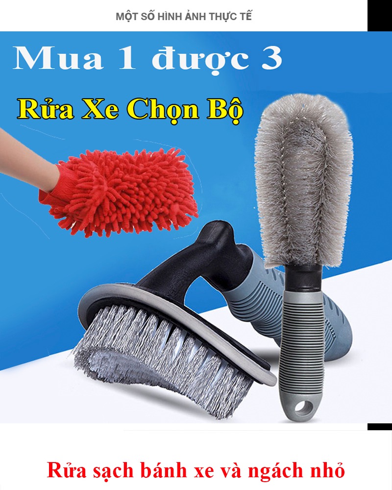 Bộ 3 dụng cụ rửa xe ô tô và xe máy chất liệu PVC chất lượng cao, găng tay hai mặt lông