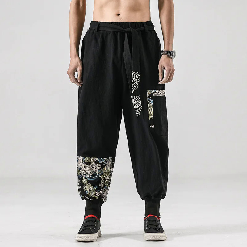 Nhật Bản Kimono người đàn ông cotton linen Samurai trang phục ukiyo-e in vành đai R Harem quần haori baggy quần Harajuku hip hop