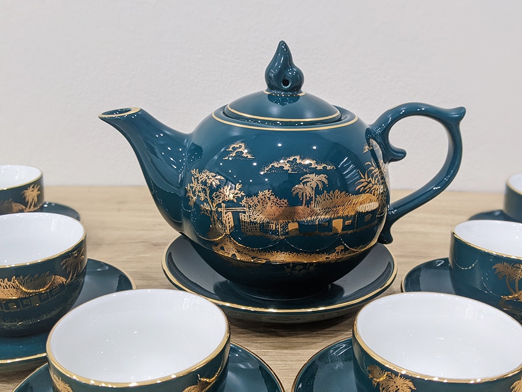 Bộ Ấm Chén Uống Trà, Bộ Ấm Chén Bát Tràng - Mộc Hương Giang Xanh Malat (Xanh Cổ Vịt)