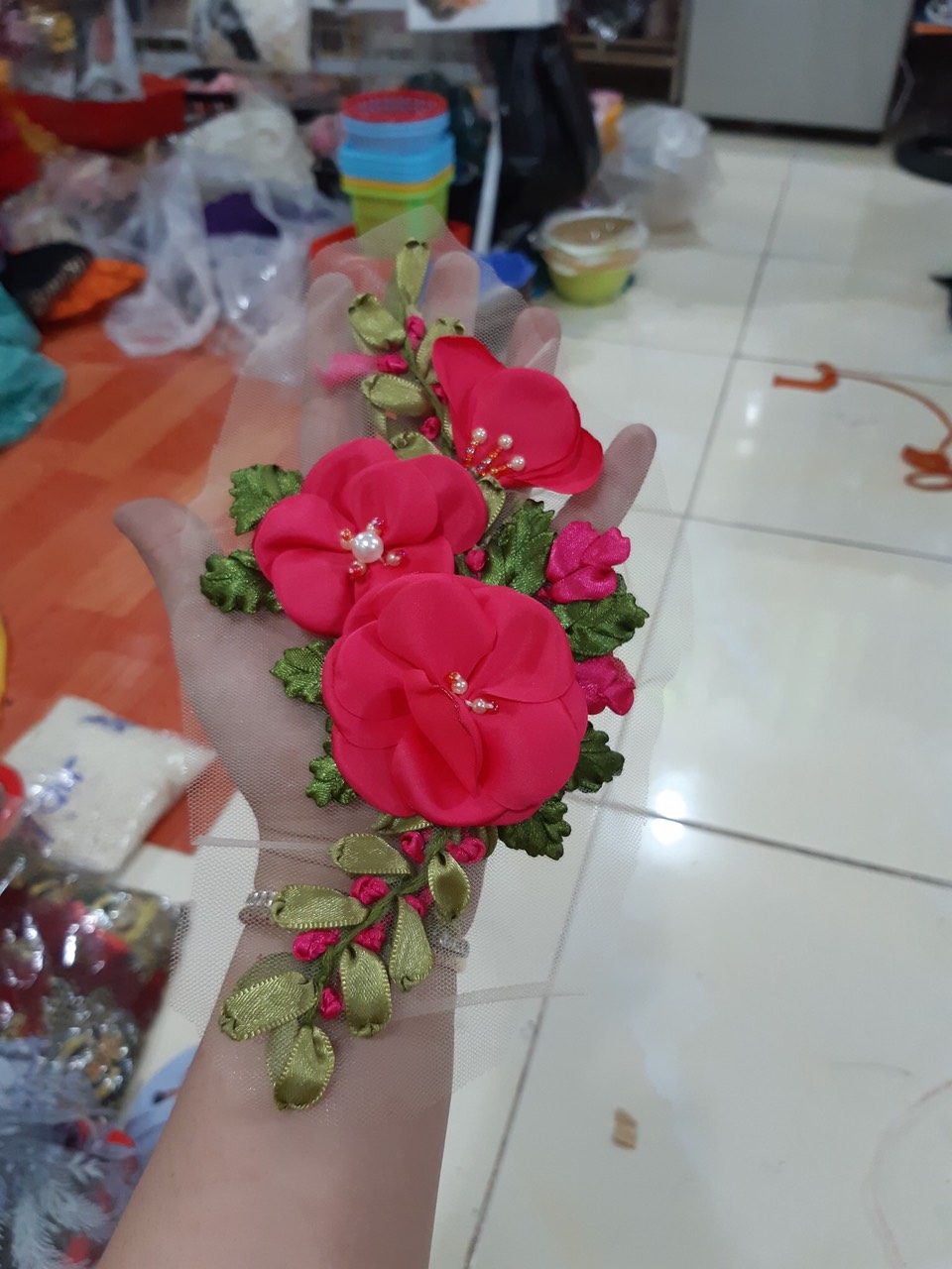 [Ảnh thật] [Có sẵn] hoa thêu ruy băng trà
