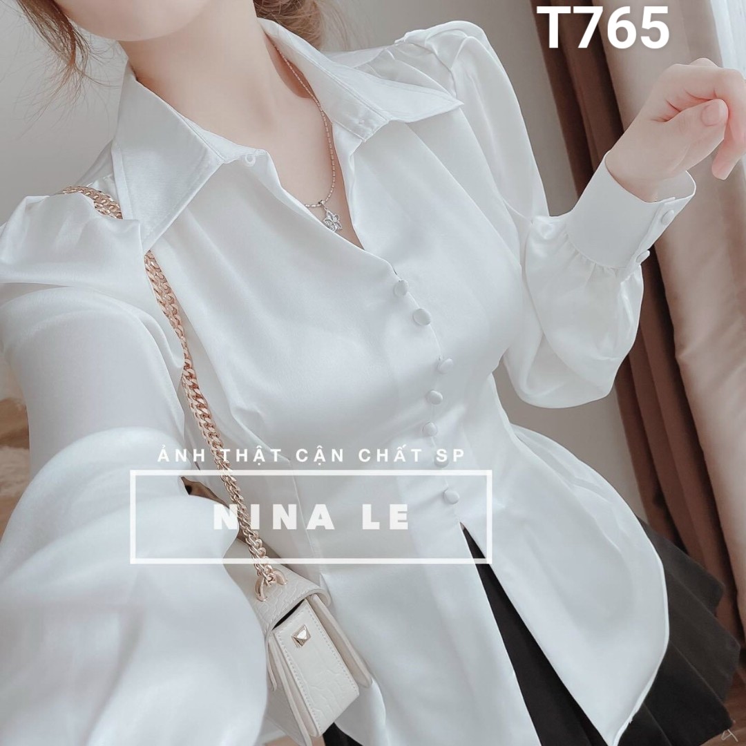 [HCM]set áo sơ mi tay dài phi lụa kèm chân váy kate xoè T765