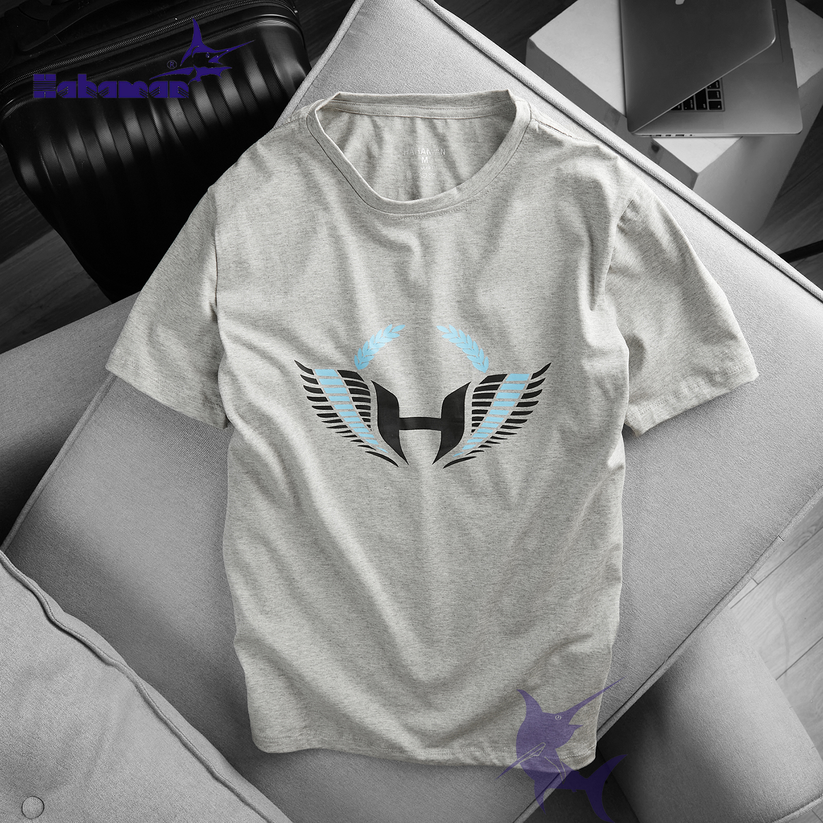 Áo thun nam Cotton HAHAMAN ngắn tay cổ tròn hình cánh đại bàng, chống nhăn, thoáng mát cao cấp ATĐB4020