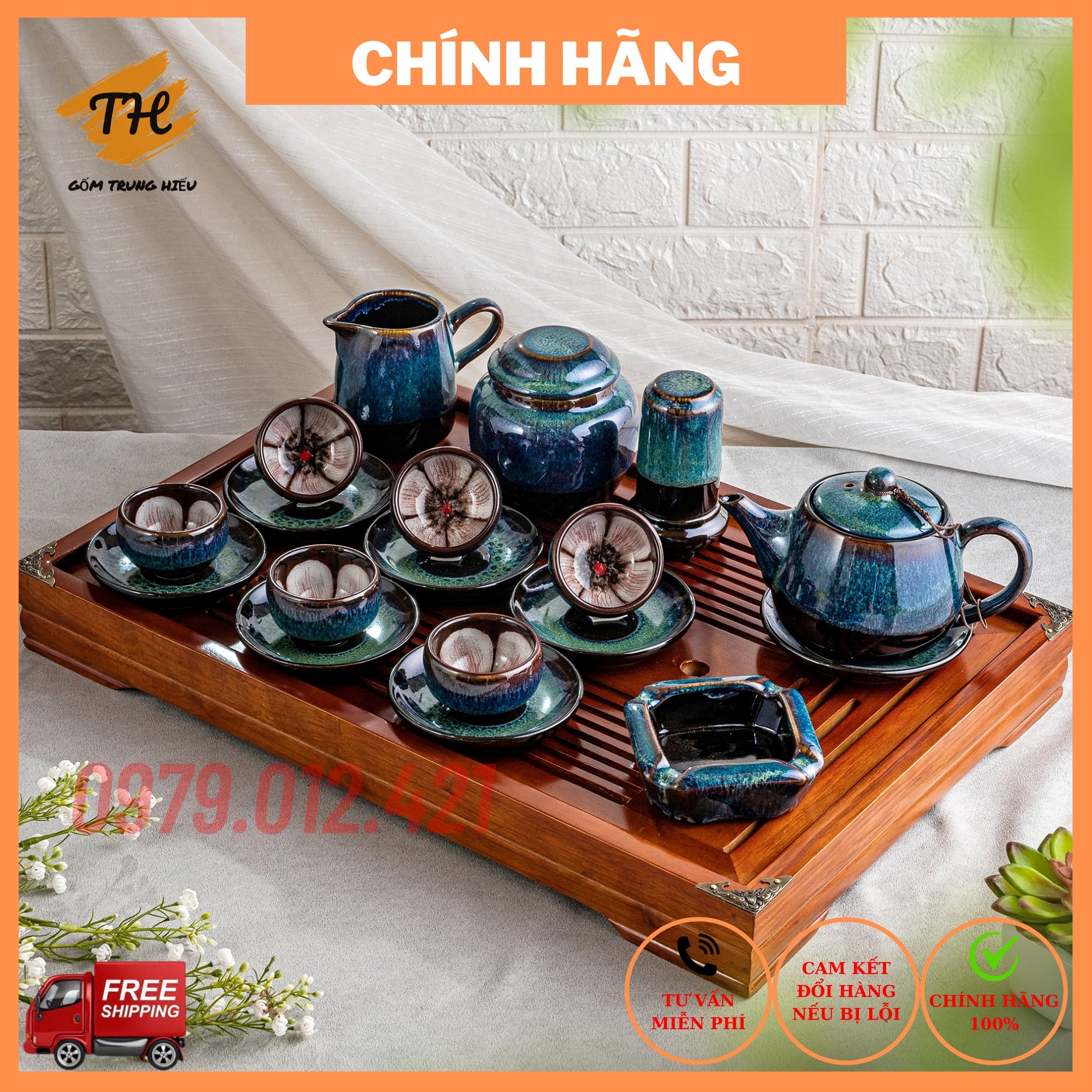 Bộ ấm chén Bát Tràng men hoả biến màu xanh dáng quả Hồng to, ấm trà cao cấp loại 1 Bát Tràng dung tích 500ml