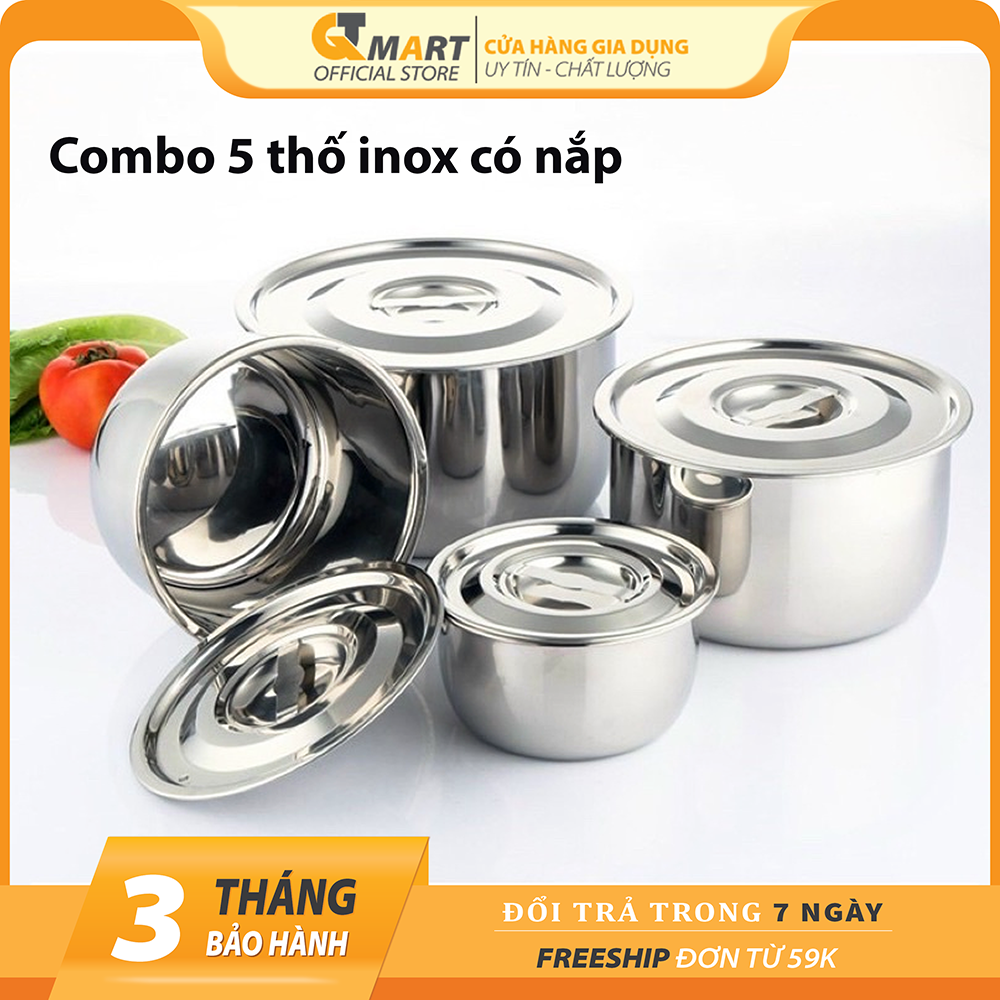 (Freeship Max) Bộ thau inox cao cấp, bộ thau inox 5 món có nắp Chất ...