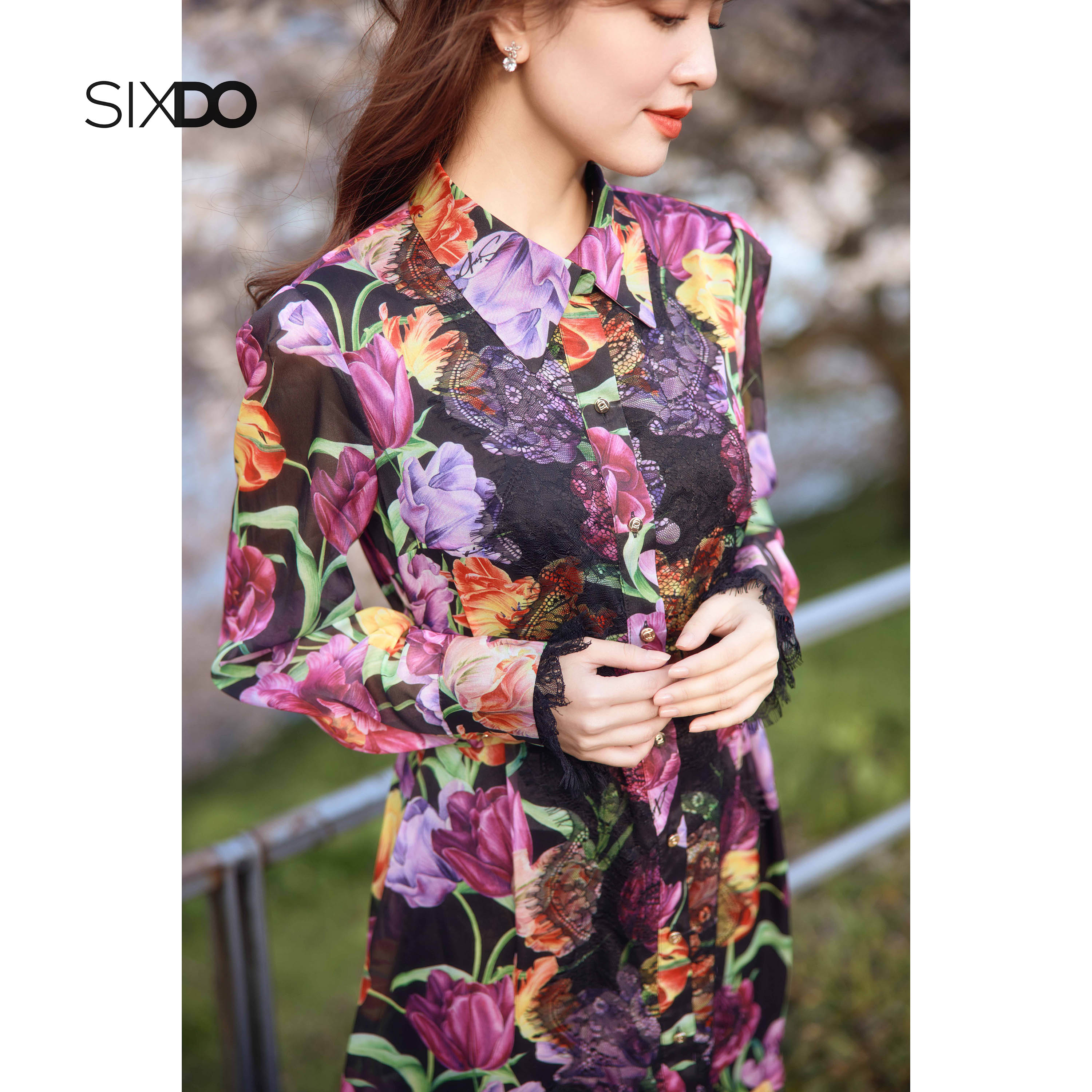 Đầm sơ mi voan hoa tay dài SIXDO (Black Tulip Shirtwaist Midi Voile Dress)