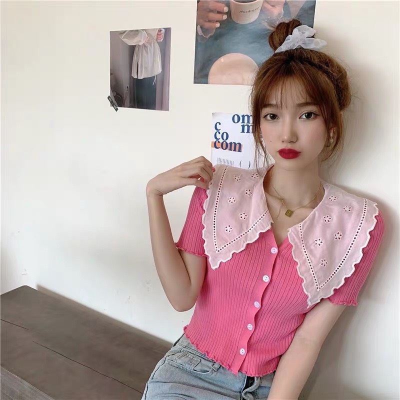 Áo sơ mi thun gân tăm cổ ren tiểu thư TTSLA0225