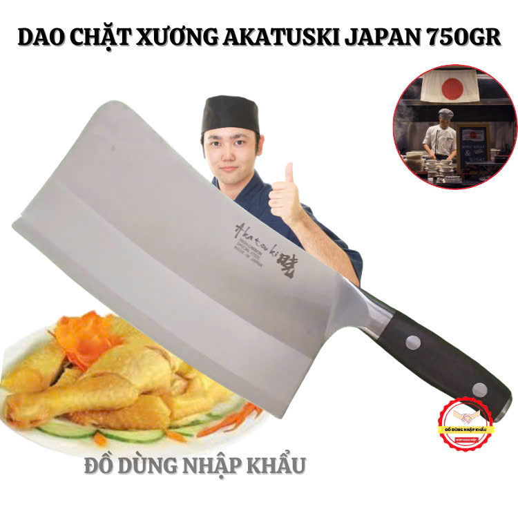 Dao chặt xương nhà bếp Akatuski nhập khẩu từ Japan bằng thép trắng ốp 3 lớp không gỉ-750gr