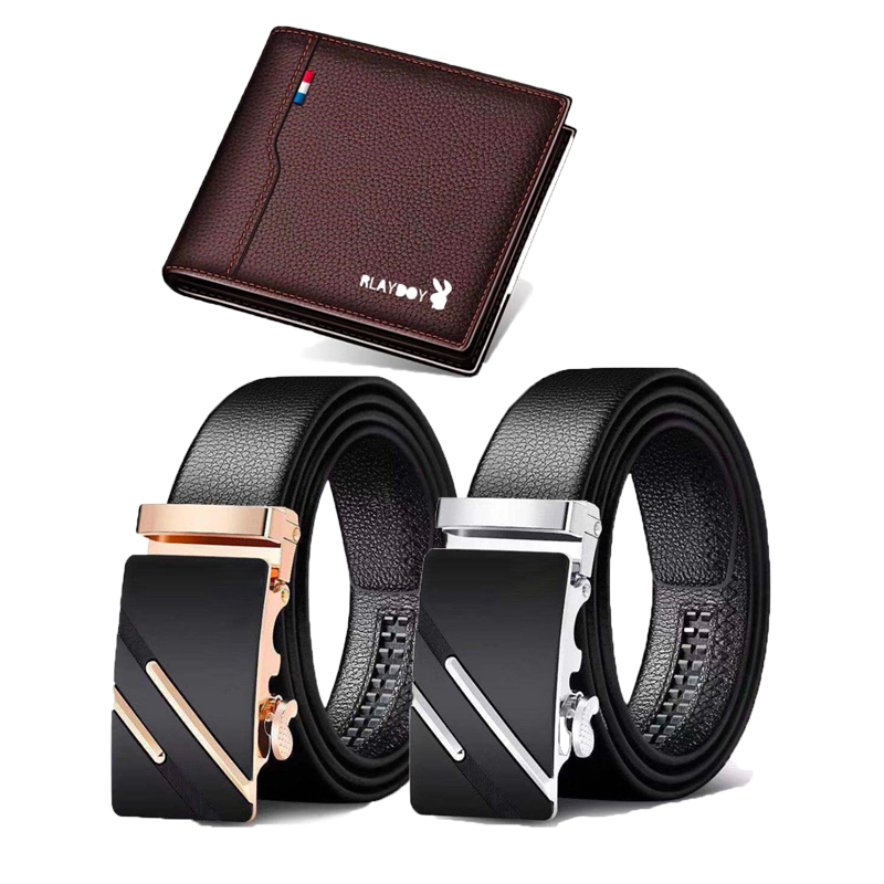 Combo 02 thắt lưng nam dây nịt nam chất liệu da bò khóa tự động hàng hiệu cao cấp + tặng 01 ví da nam 2XVB+V20(nâu)