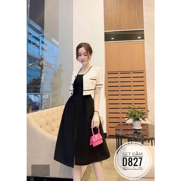 [Bigsize] Set đầm kèm áo viền D827
