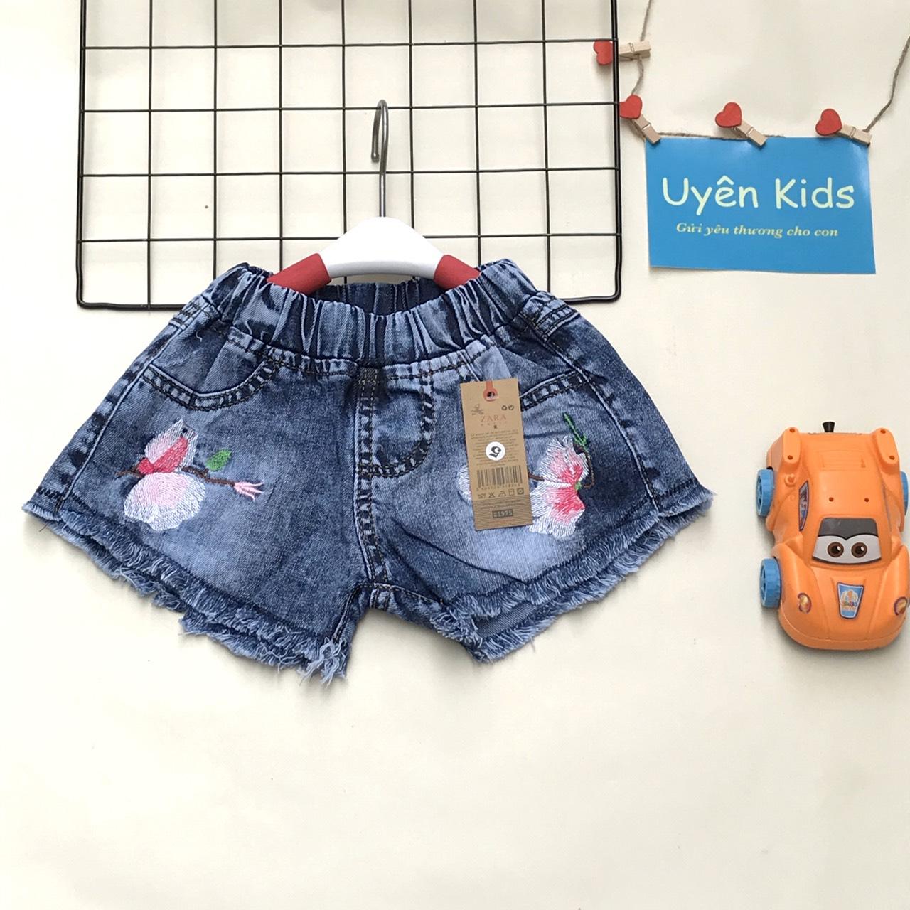 SHORT JEAN THÊU BÔNG TUA LAI CHO BÉ GÁI 12-35KG
