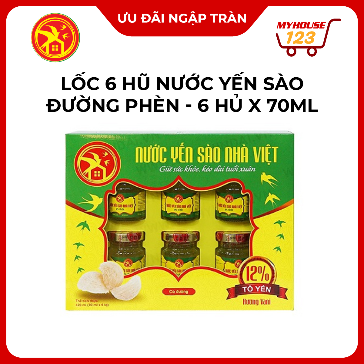 Lốc 6 hũ nước yến sào đường phèn NHÀ VIỆT (6 hủ x 70ml)