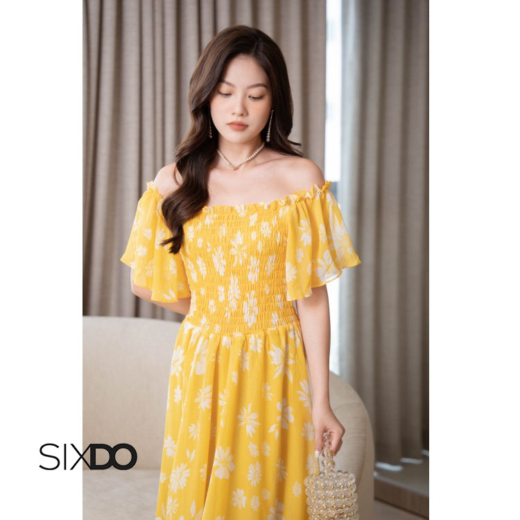 Đầm hoa maxi trễ vai bo chun SIXDO (Floral Maxi Dress)
