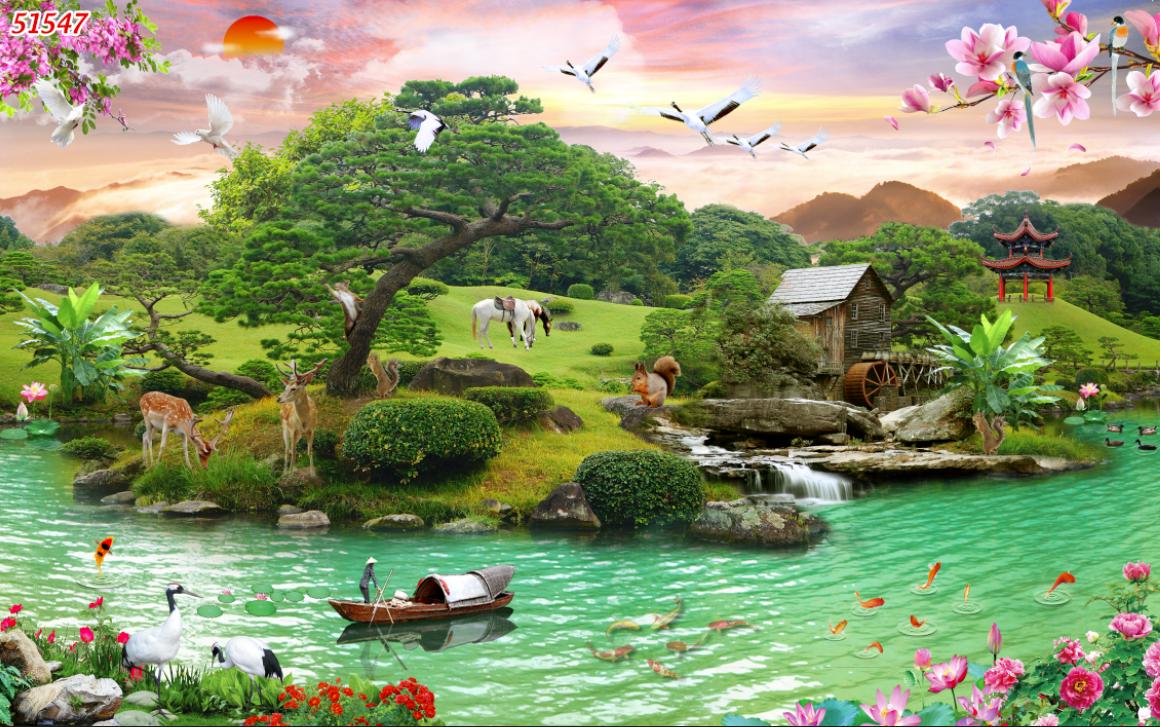 Tranh dán tường 3D VẢI LỤA LOẠI 1/ Phòng Khách Sơn Thủy Hữu Tình KT 110CM X 170CM