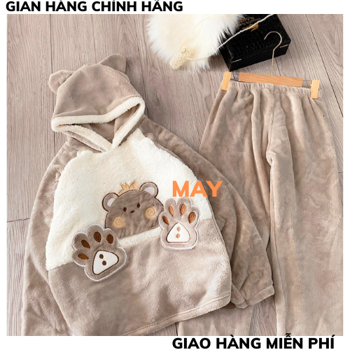 Bộ ngủ lông cừu tai gấu xám, bộ ngủ lông khuy cài, bộ ngủ lông gấu cute, bộ đồ mặc nhà dễ thương, đồ ngủ nữ lông cừu, áo lông cừu, áo khoác lông ta gấu, quần lông nữ, bộ ngủ lông hàn quốc