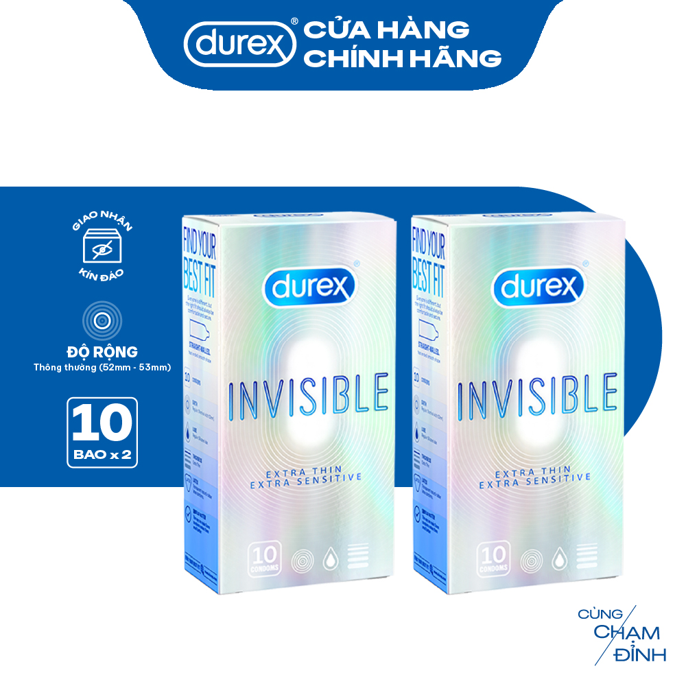 Bộ 2 hộp bao cao su Durex Invisible siêu mỏng, size 52mm, 10 bao/hộp