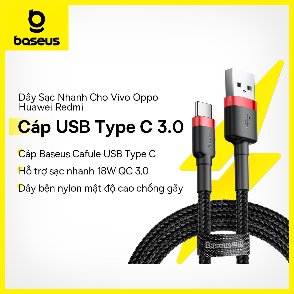 [USB => Type C] - Dây cáp sạc nhanh  Baseus đầu USB => Type C 3A