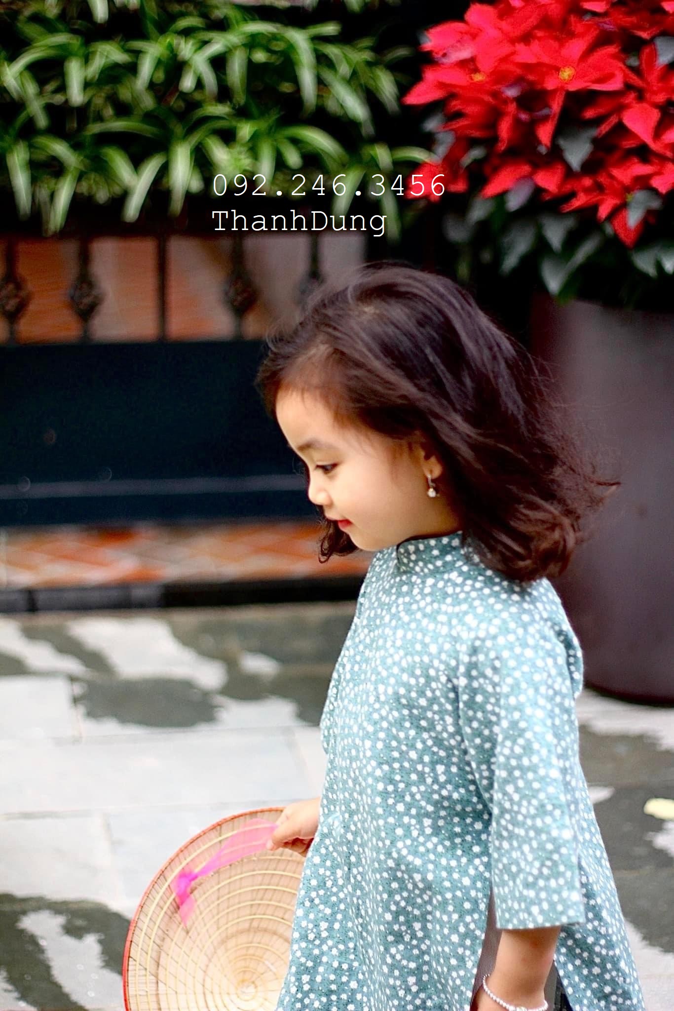Sét áo dài truyền thống cho bé gái chất liệu thô cà bông và nhung tăm màu xanh ngọc