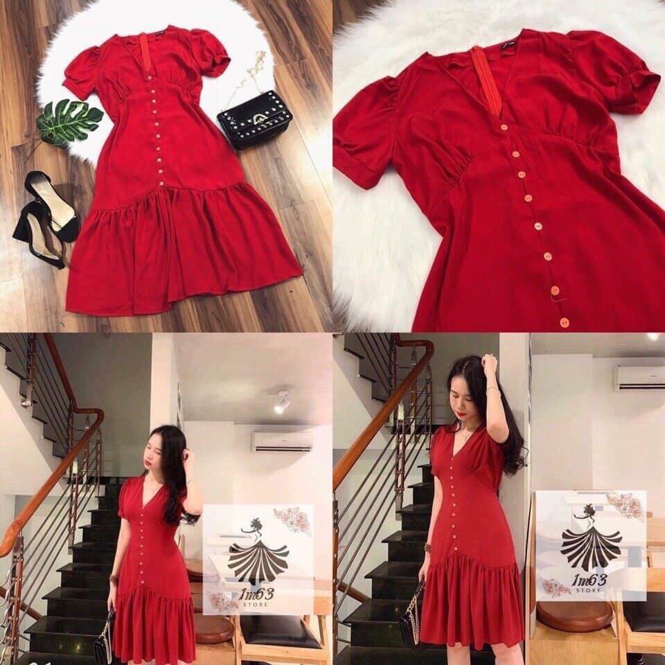 Đầm suông kiểu xếp ly đuôi cá cổ V chất kate lụa màu đỏ