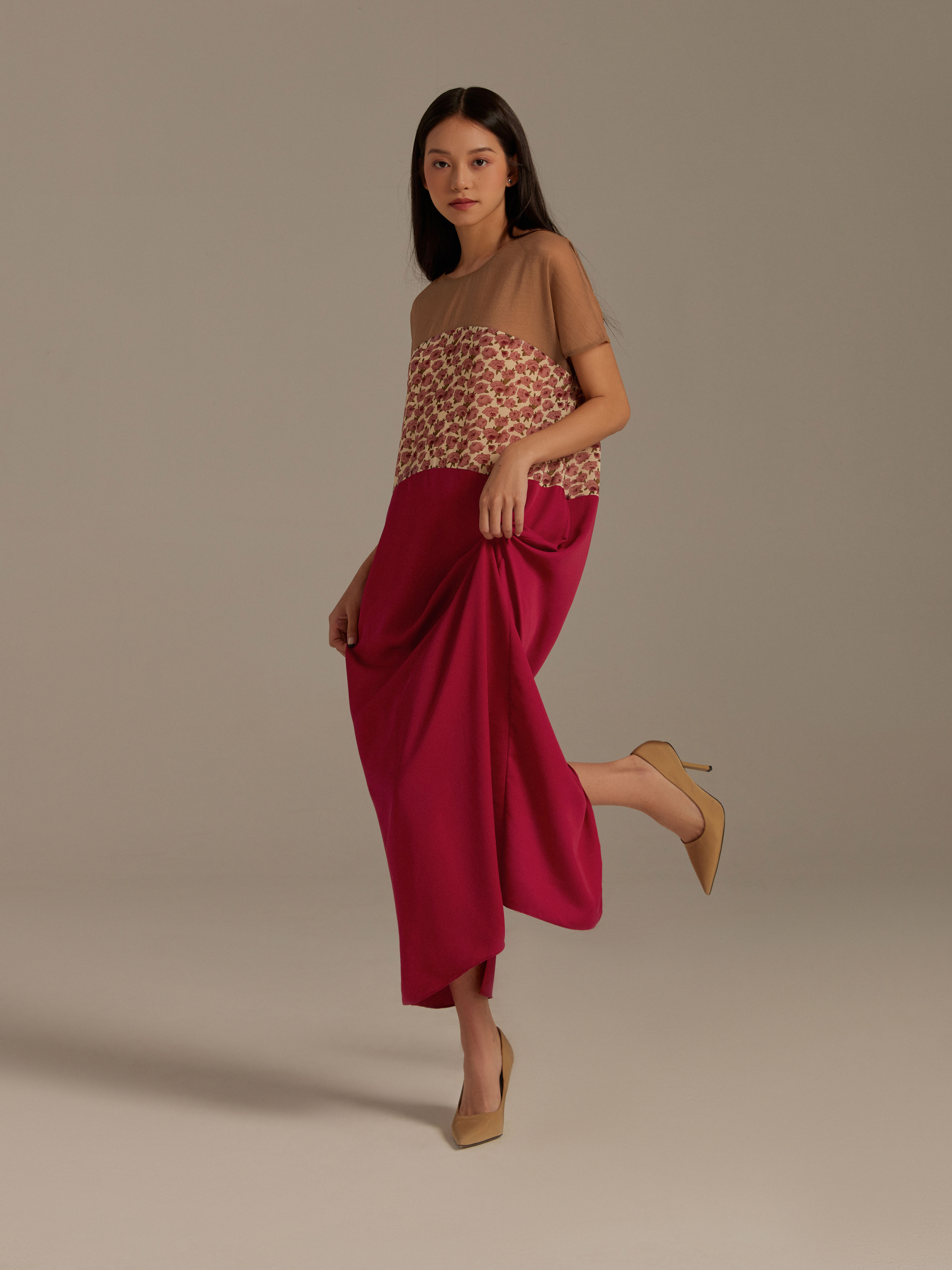 Đầm lụa phối ba màu Mauve Indochine dress