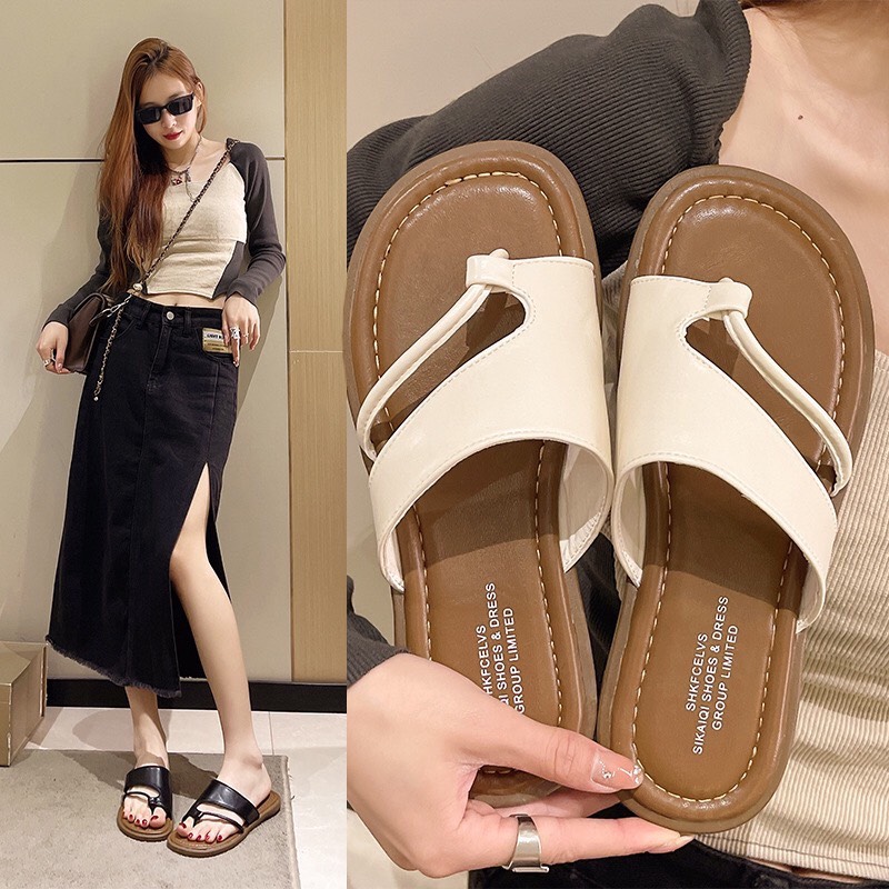 (Fom nhỏ-đặt tăng 1 size) Dép xỏ ngón nữ SUNNY da mềm 2 màu đen, kem, đi học, đi biển bền đẹp