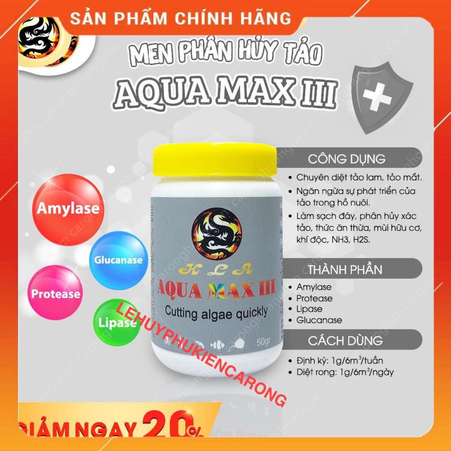 "hoàn tiền đến 10%" aqua max 3 men diệt tảo, rêu hại phân hủy các chất hữu cơ cho hồ cá hủ 50gram