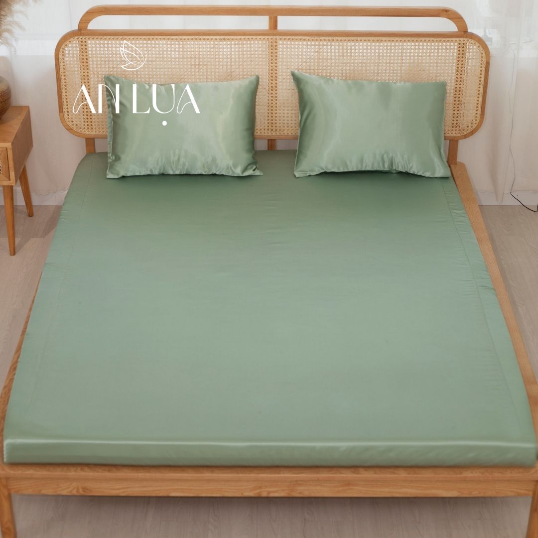 Bộ chăn drap 5 món An Lụa vải lụa mịn mát và thân thiện cho da - Xanh đậu