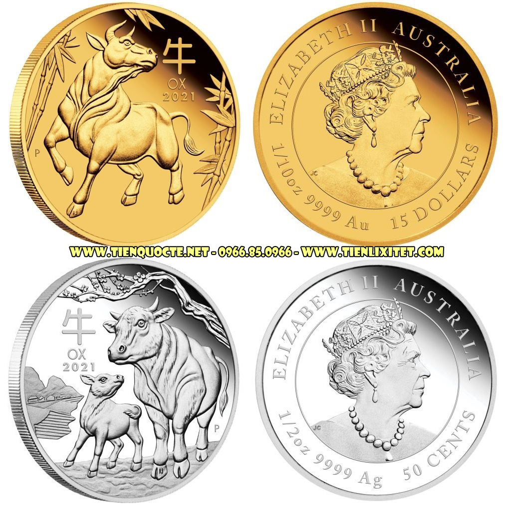 Cặp Xu Úc Hình Con Trâu Mạ Vàng Và Mạ Bạc Tết 2021