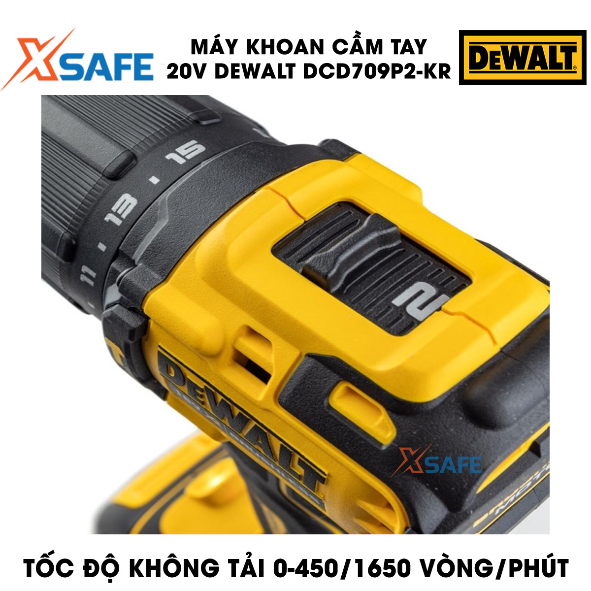 Hand drill 20V DeWalt DCD709D2. Hand drill DeWalt two speed no-load 0-450/1650 rpm/min, force strangle 65/26nm, motor brushless and is capable of switching speed, gift with 2 batteries and 1 charger-product genuine xsafe