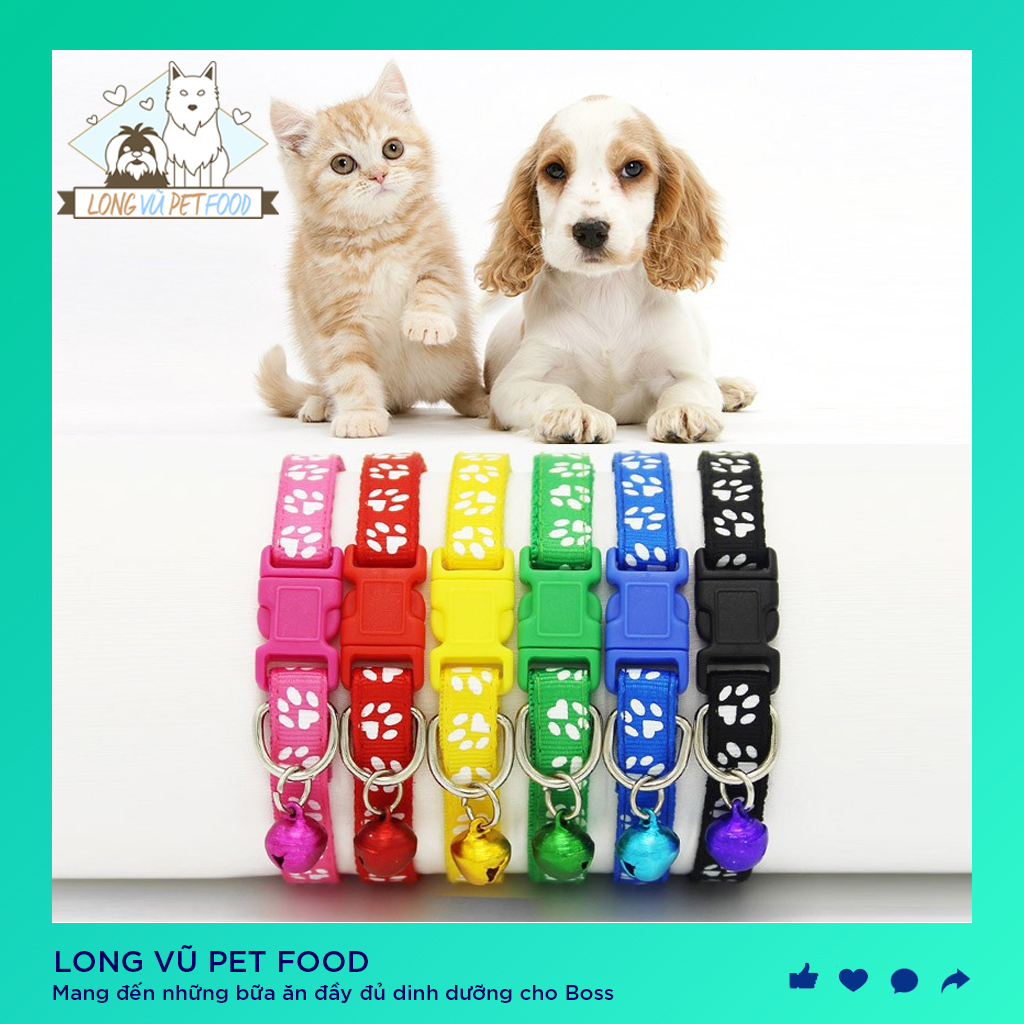 Vòng cổ chó mèo, chất liệu nylon, có chuông, in hình chân chó mèo