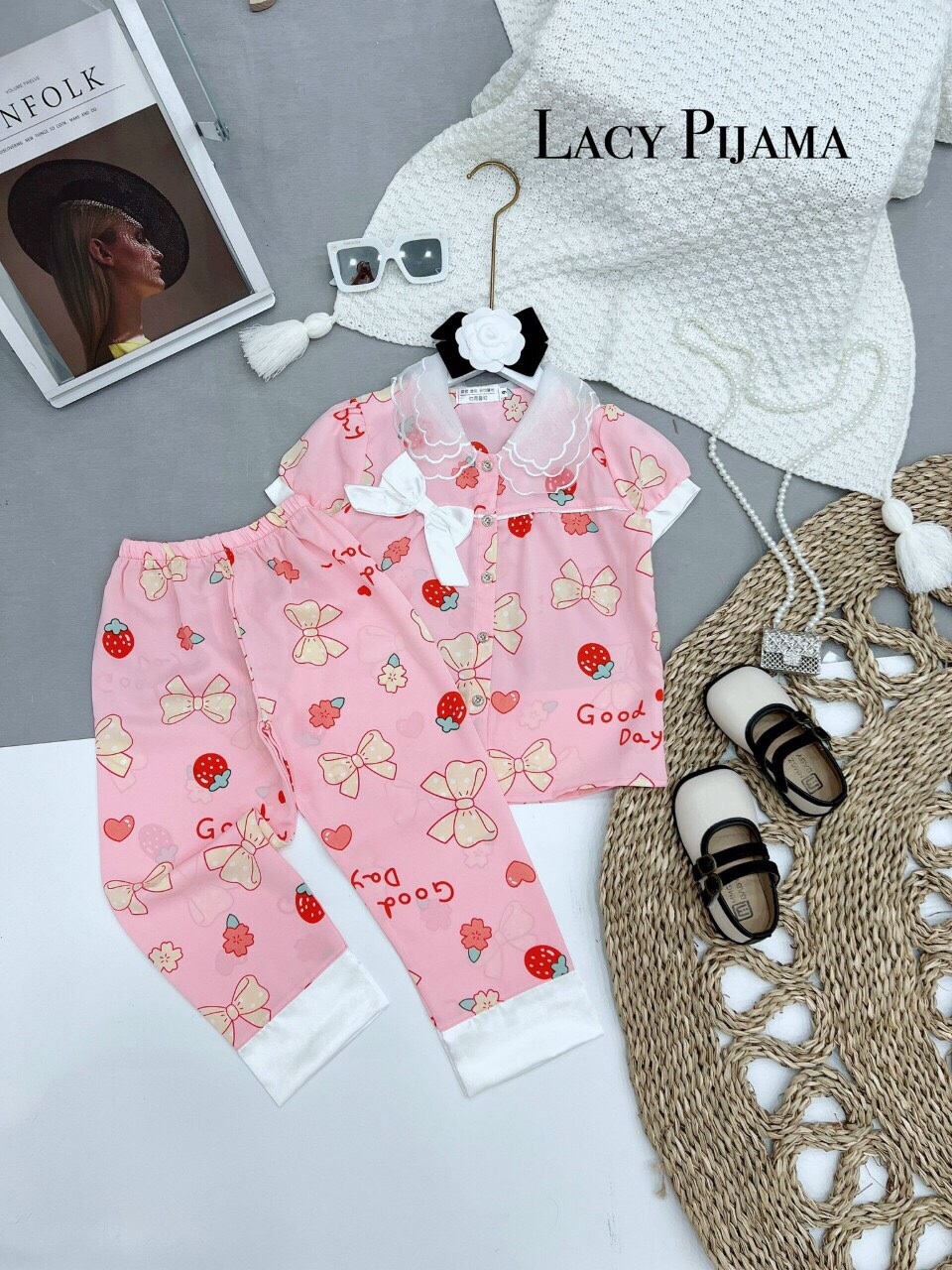 Bộ Ngủ Pijama Lụa Mango Phối Cổ Ba Lá Cho Bé Gái
