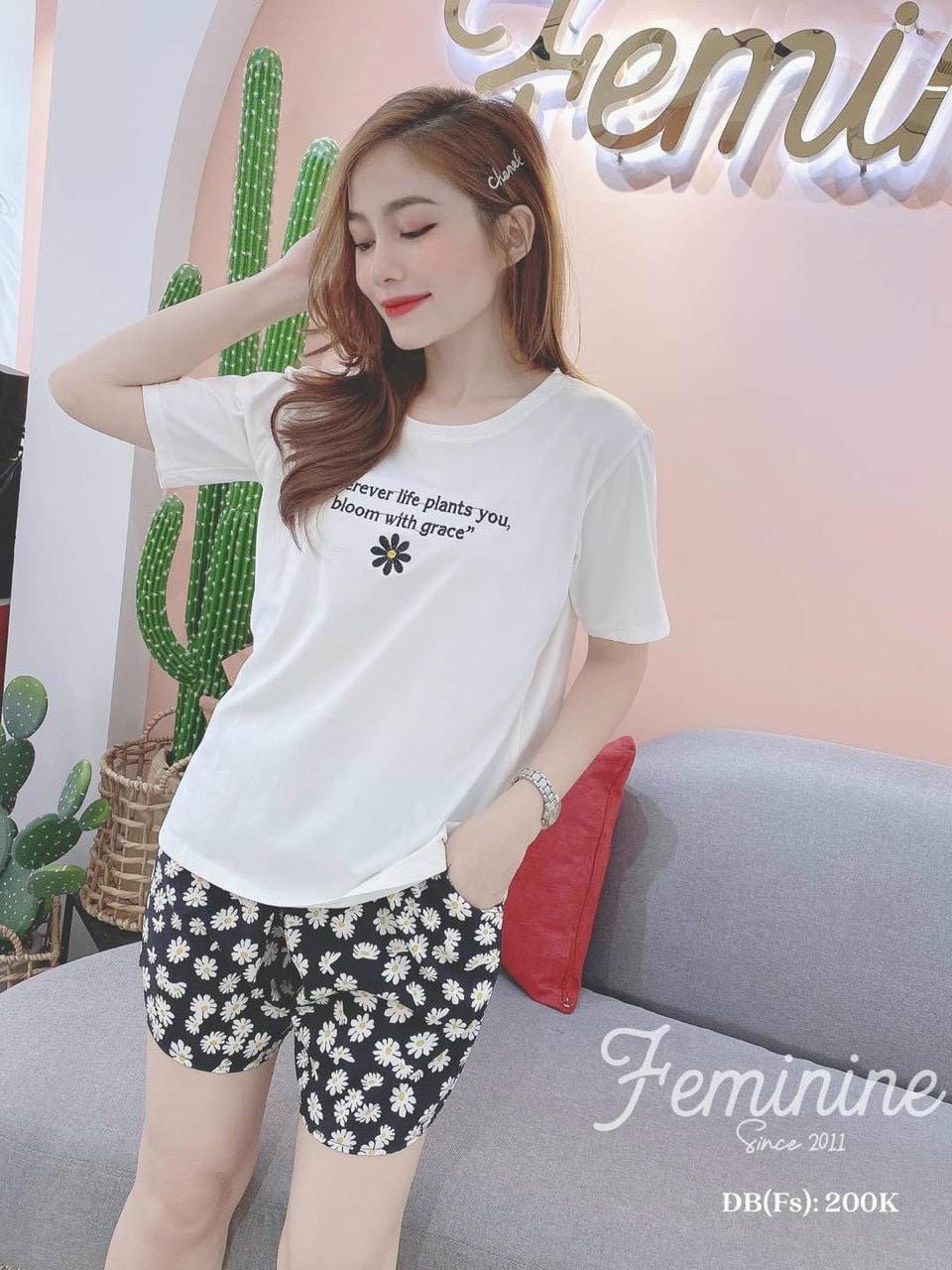 Bộ thun mặc nhà nữ áo tay ngắn, quần đui họa tiết hoa cúc