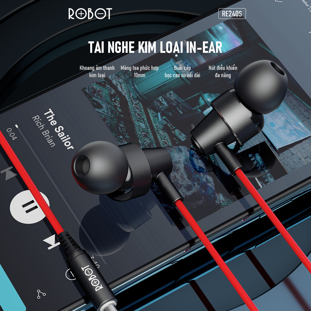 Tai nghe có dây Robot RE240S  thiết kế nhét tai âm thanh hd trong rõ có micro đàm thoại cổng 3.5mm bass tương thích  samsung oppo xiaomi huawei