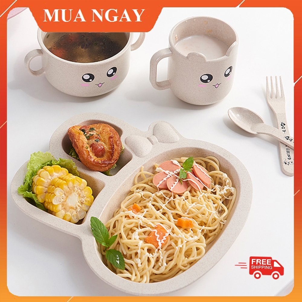 (Tặng Thìa Và Dĩa )Khay Ăn Dặm Lúa Mạch Chia Ngăn Hình Thỏ  KIDOTA