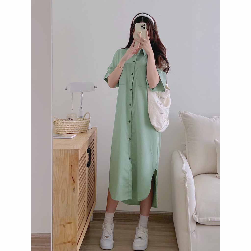 Đầm sơ mi túi ngực chất đũi xước nhật 40-70kg bốn màu kem, xanh đen, nâu, xanh ngọc, váy bầu dáng suông- đỗ thiện unisex