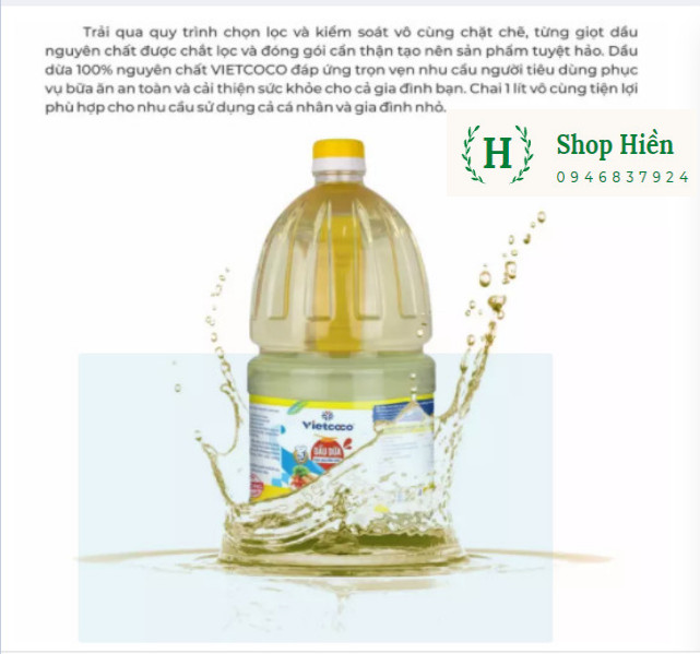 Dầu ăn dừa Vietcoco 2L (100% nguyên chất )