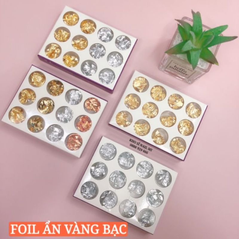 SET GIẤY BẠC TRANG TRÍ MÓNG TAY 12 HŨ GỒM CÁC MÀU SẮC CƠ BẢN THÔNG DỤNG NHẤT ĐỂ PHỐI MÀU DESIGN giá rẻ